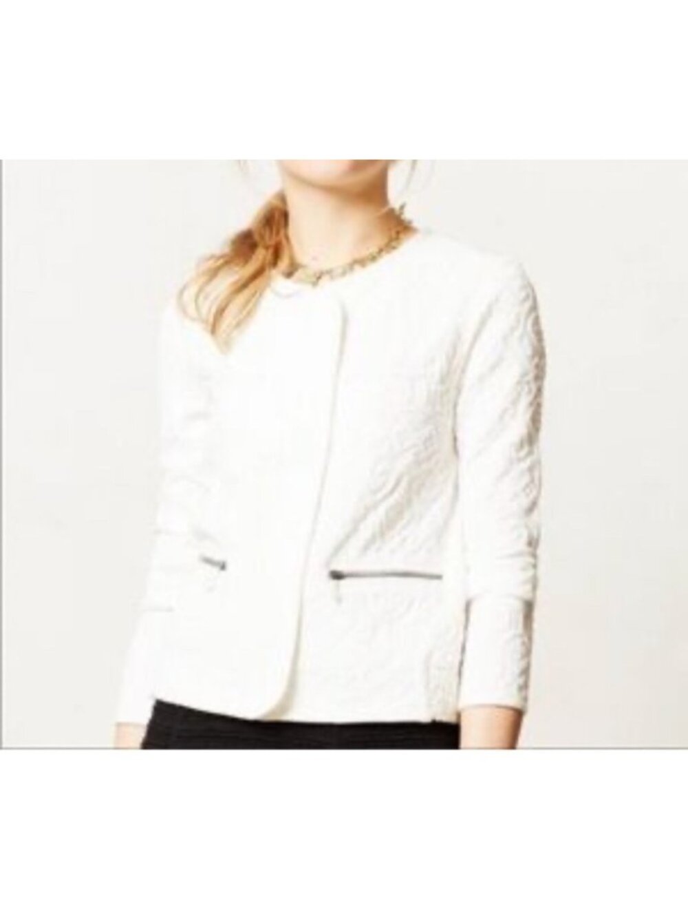 Anthropologie Moth Womens Sz L Textured Ivory Full-Zip Jacket With Lace Accents